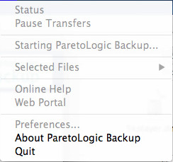 ParetoLogic Backup 1.1 : Menu Bar Window