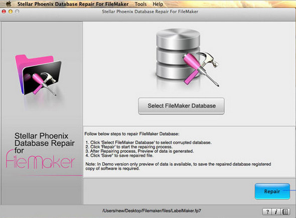 Stellar Phoenix Database Repair For FileMaker 2.0 : Main Window