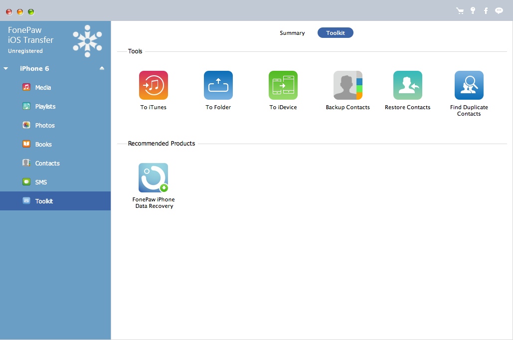 FonePaw iOS Transfer 1.1 : Toolkit Window
