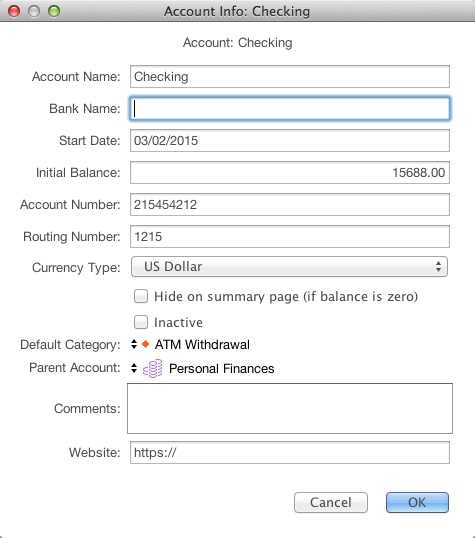 Moneydance 2015.2 : Editing Account Info