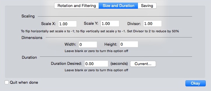TransformMovie 1.3 : Configuring Size & Duration Settings