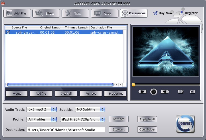 Aiseesoft Video Converter for Mac 3.2 : Main window