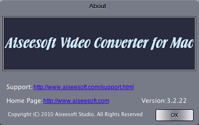Aiseesoft Video Converter for Mac 3.2 : About window