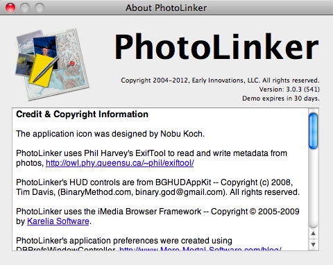 PhotoLinker 3.0 : About window