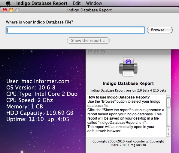 Indigo Database Report 2.0 beta : Main window