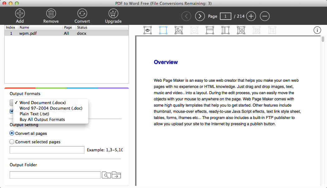 PDF to Word Free 1.1 : Output Formats