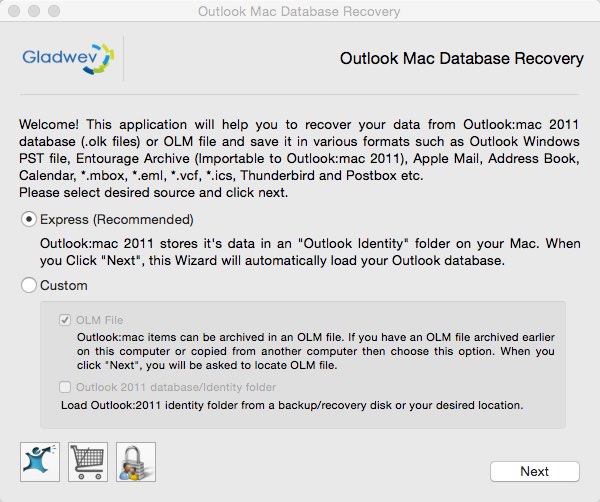 Outlook Mac Database Recovery 1.4 : Main window