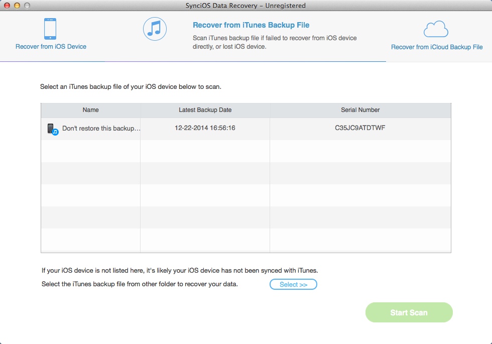 SynciOS Data Recovery for Mac 1.0 : Recovering Data From iTunes Backup File