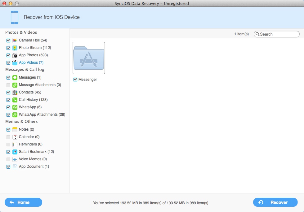 SynciOS Data Recovery for Mac 1.0 : Selecting Files For Recovery