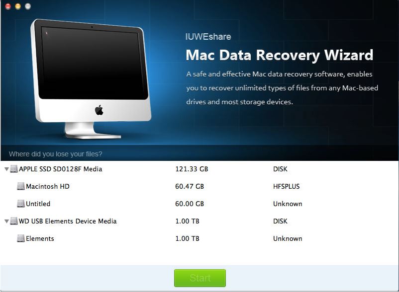 IUWEshare Mac Data Recovery Wizard 1.8 : Main Window
