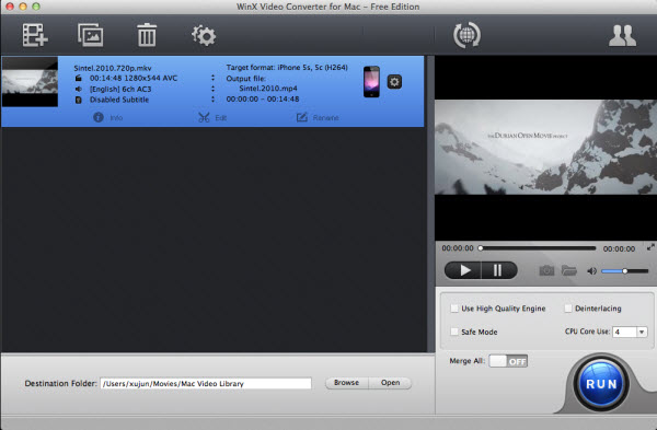 WinX Free Video Converter for Mac 4.0 : Main Window
