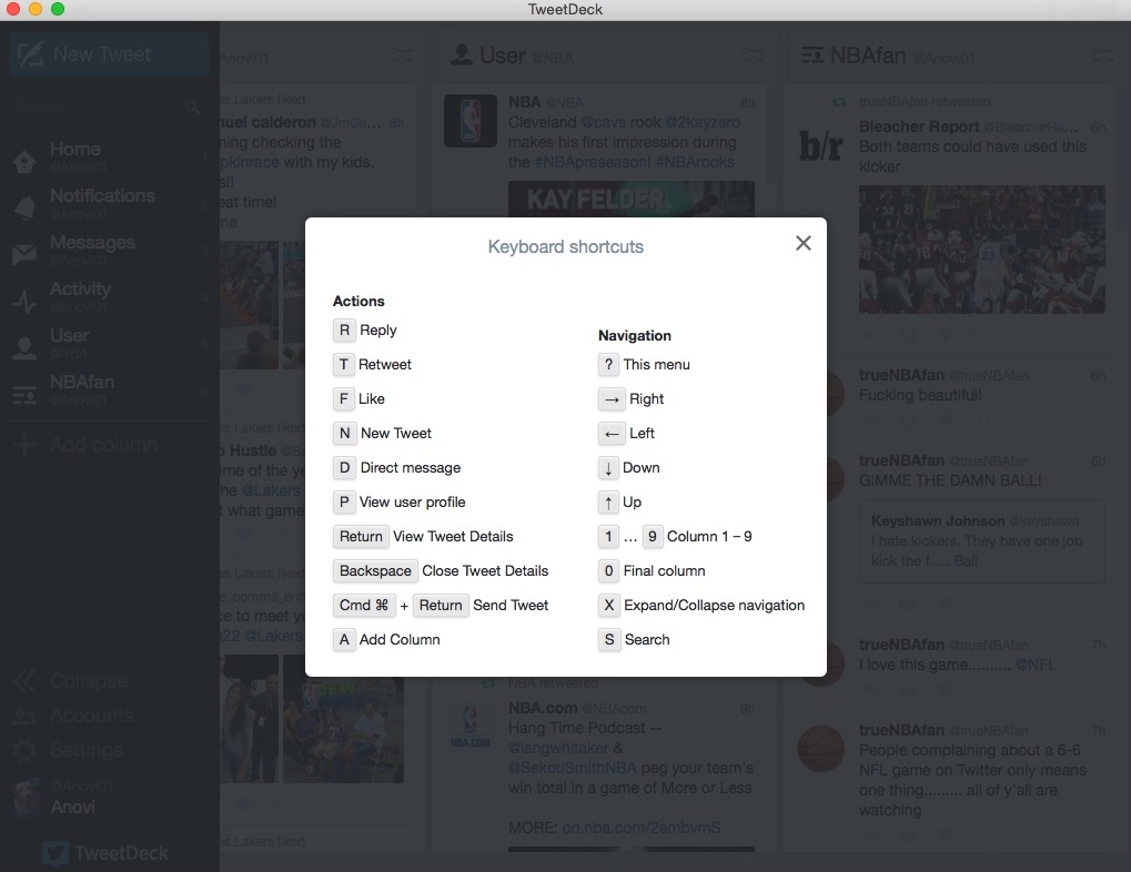 TweetDeck by Twitter 3.9 : Shortcut Keys Window