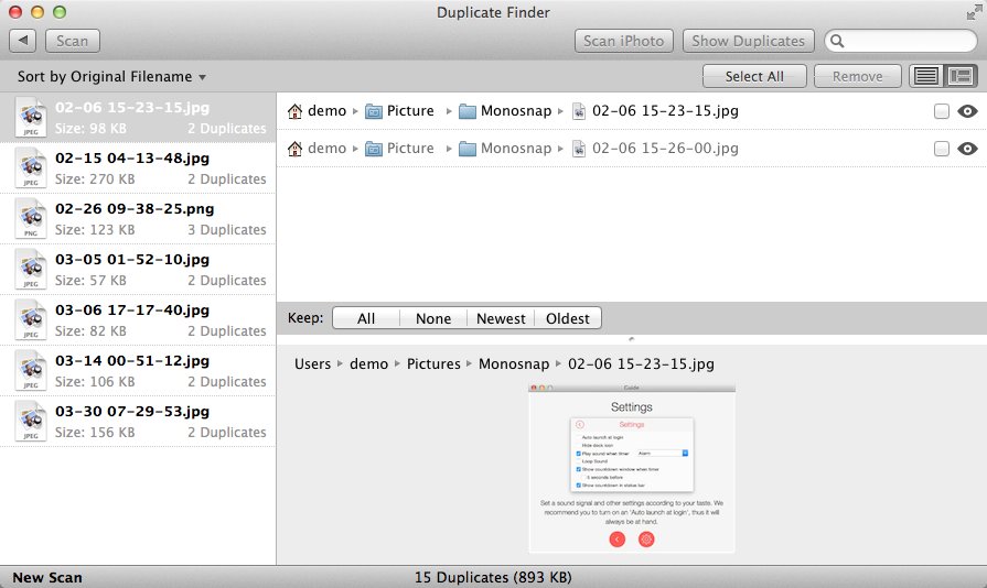 Duplicate Finder 1.1 : iPhoto Results