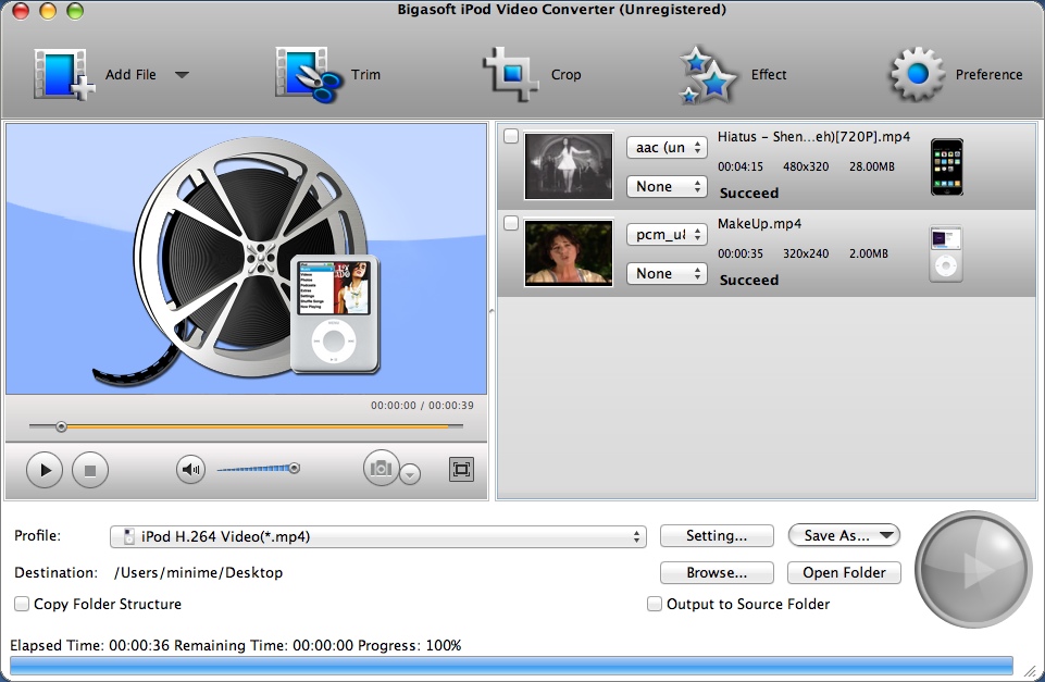 Bigasoft iPod Video Converter for Mac 3.7 : Main Window