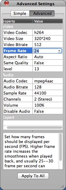 Bigasoft iPod Video Converter for Mac 3.7 : Configuring Advanced Output Settings