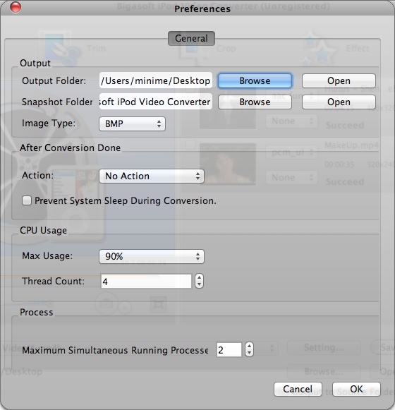 Bigasoft iPod Video Converter for Mac 3.7 : Program Preferences