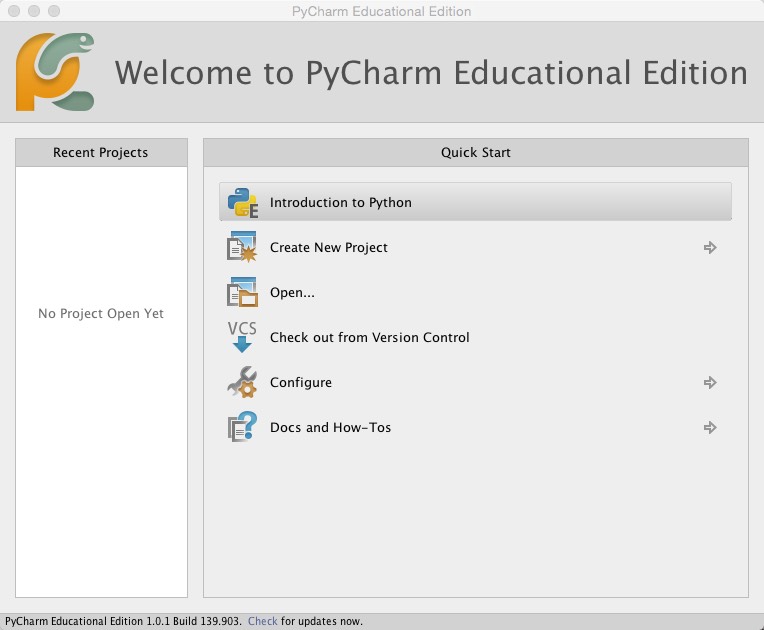 PyCharm Educational Edition 1.0 : Main window