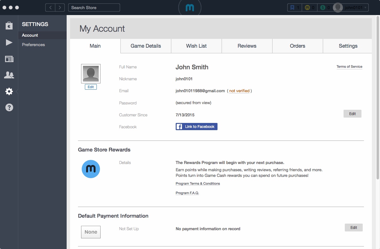 MacGameStore 3.3 : My Account Window