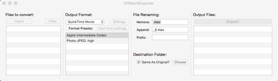 VVBatchExporter 1.0 : Main window