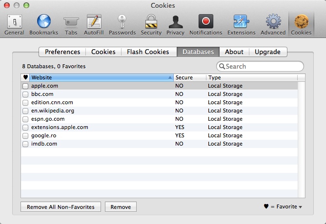 Safari Cookies 2.0 : Databases Window