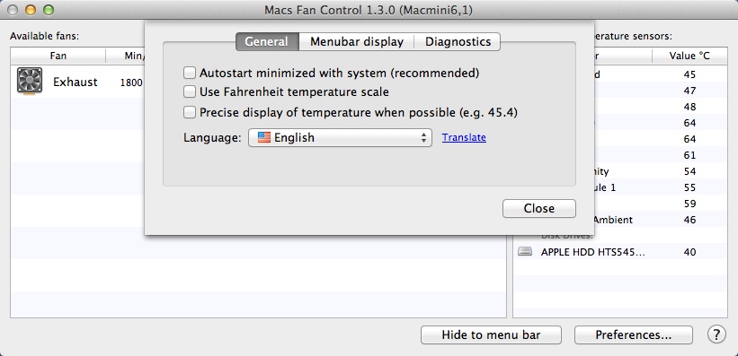 Macs Fan Control 1.3 : Program Preferences