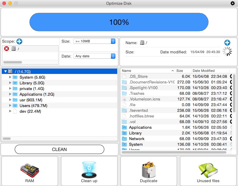 Optimize Disk 2.5 : Unused Files Window