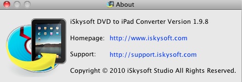 iSkysoft DVD to iPad Converter 1.9 : About window