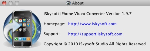 iSkysoft iPhone Video Converter 1.9 : About window