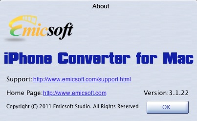 Emicsoft iPhone Converter for Mac 3.1 : About window