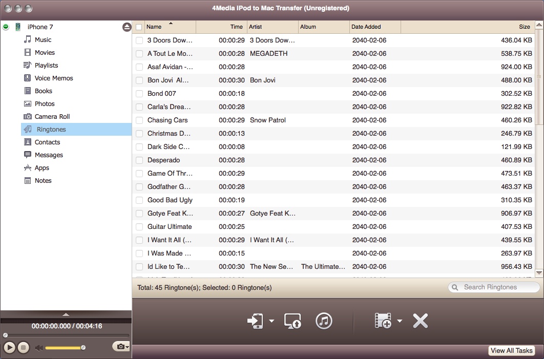 4Media iPod to Mac Transfer 5.7 : Checking iOS Ringtone Files
