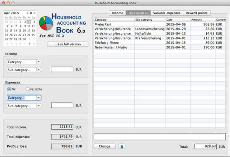 Household Accounting Book 6.0 : Main Window