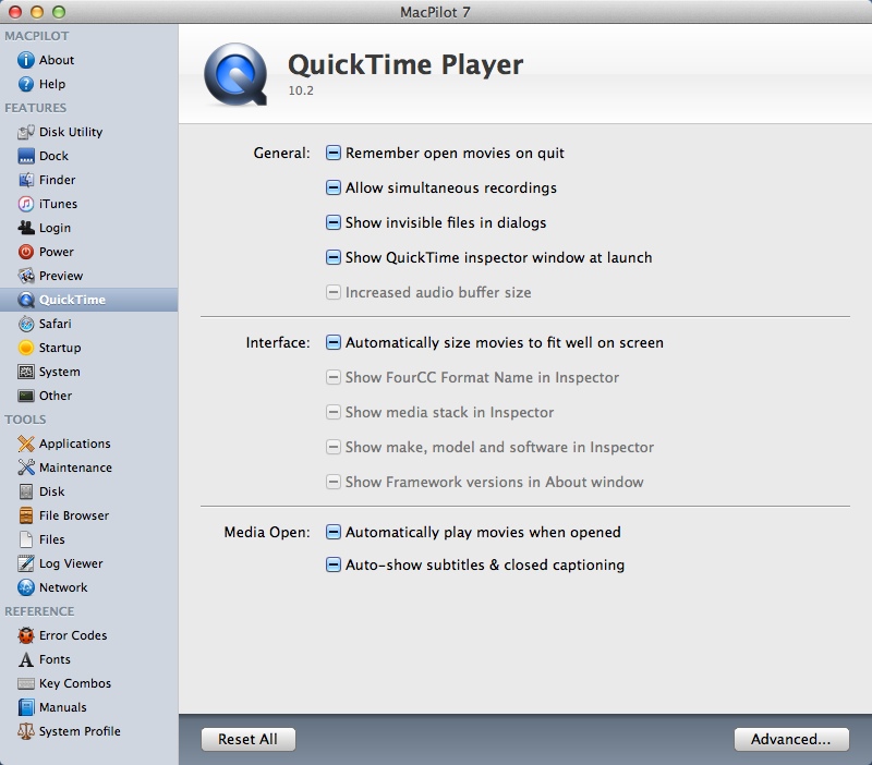 MacPilot 7.1 : QuickTime Player Settings