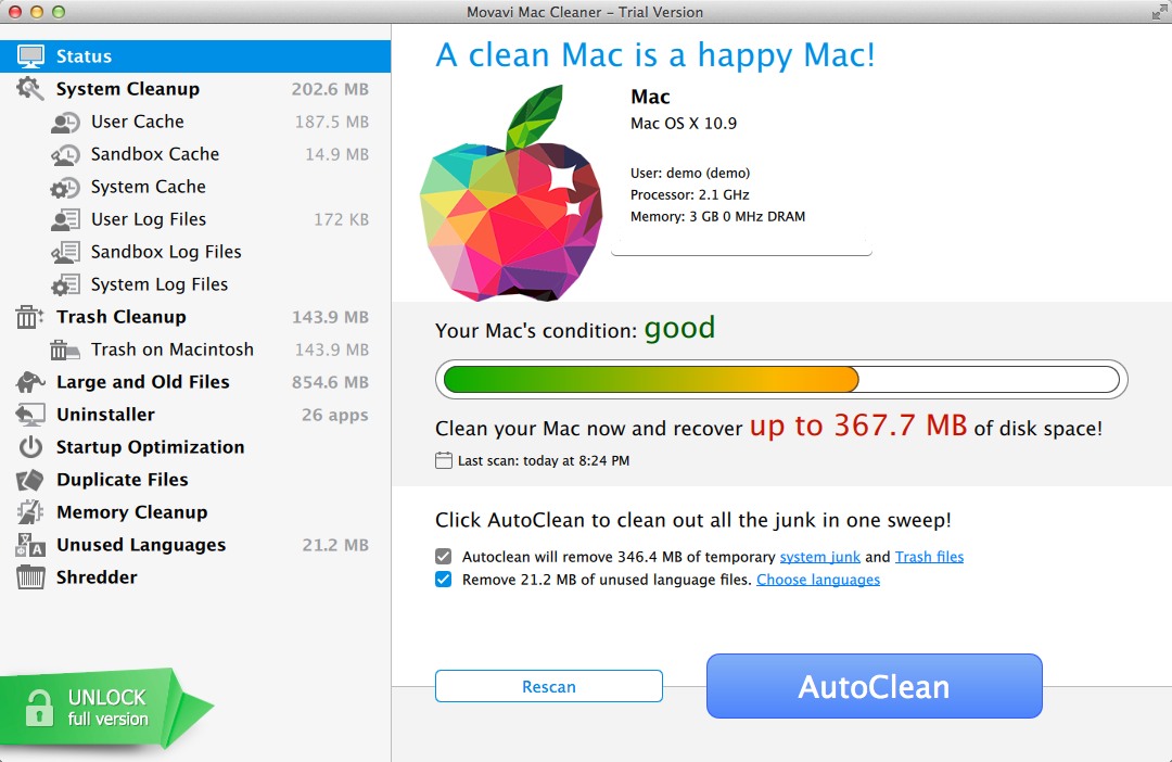 Movavi Mac Cleaner 1.8 : Main Window