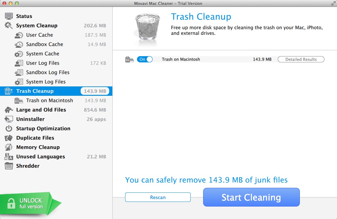 Movavi Mac Cleaner 1.8 : Trash Cleanup