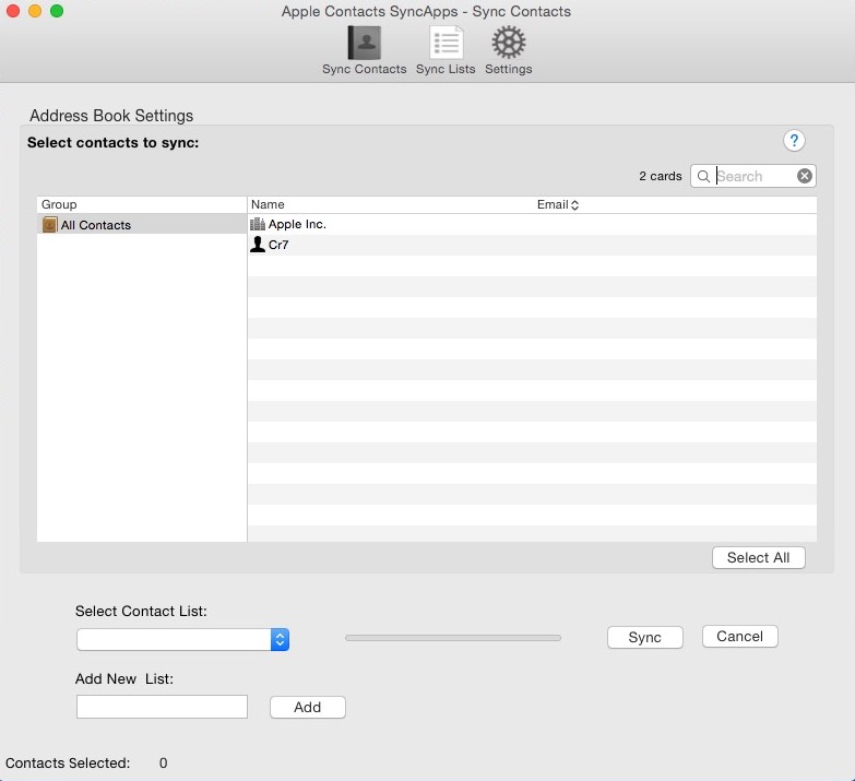 Apple Contacts SyncApps 2.0 : Main window