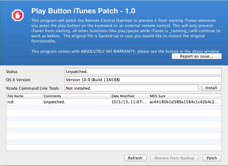 Play Button iTunes Patch 1.0 : Main Window