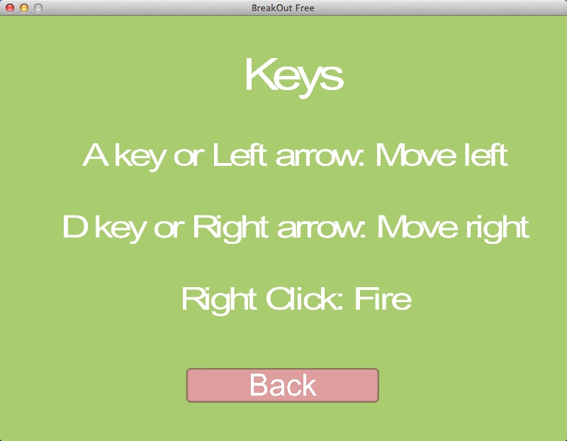 BreakOut Free 1.0 : Control Keys Window