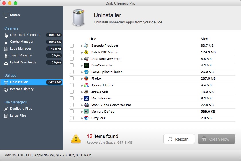 Disk Cleanup Pro : Uninstaler Window