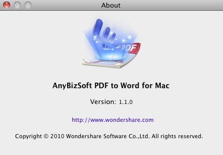 AnyBizSoft PDF to Word 1.1 : About window