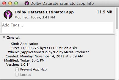 Dolby Datarate Estimator 1.0 : Version Window