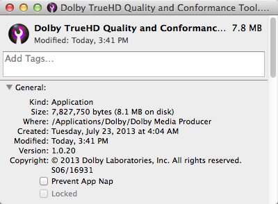 Dolby TrueHD Quality and Conformance Tool 1.0 : Version Window