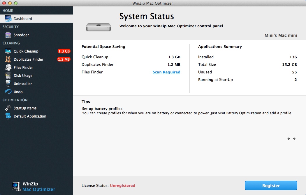 WinZip Mac Optimizer 1.5 : Dashboard Window