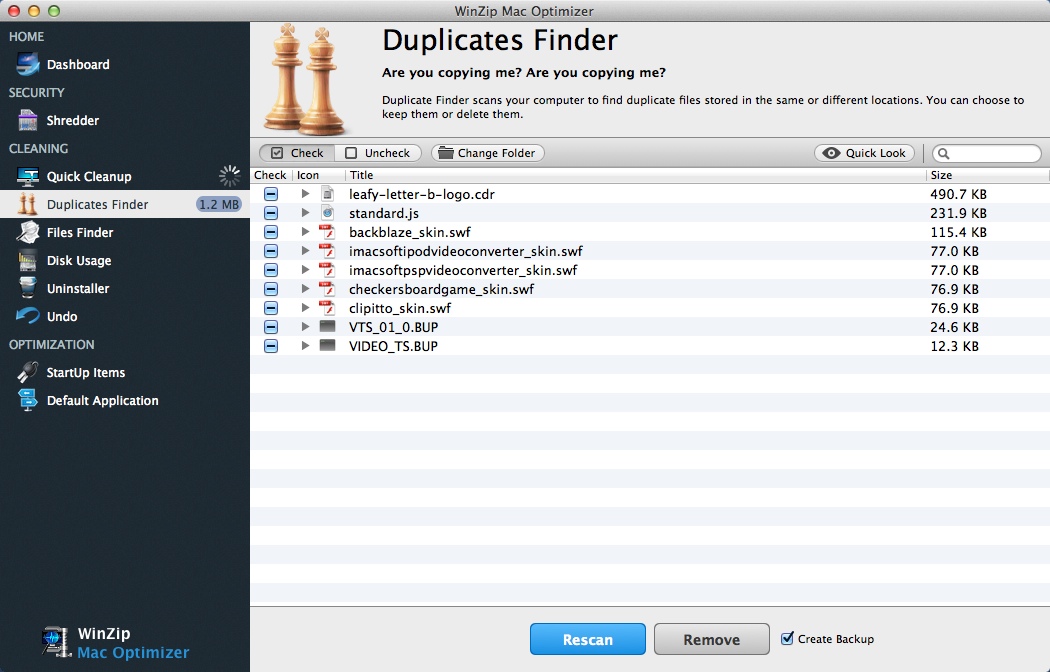 WinZip Mac Optimizer 1.5 : Checking Duplicate Finder Results