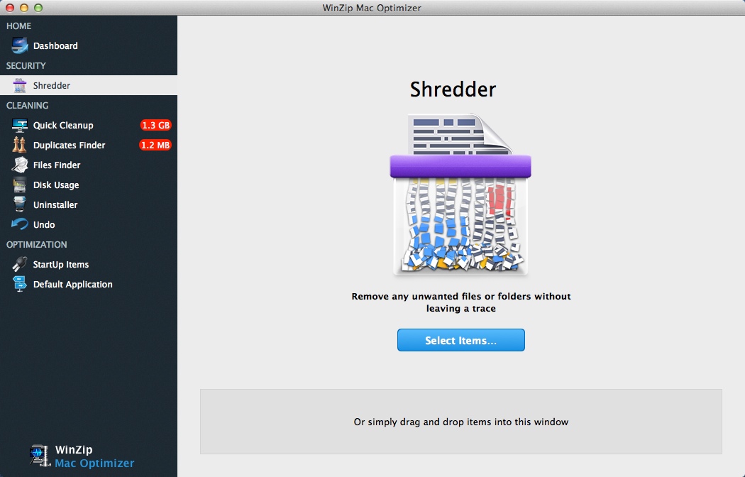WinZip Mac Optimizer 1.5 : Shredder Window