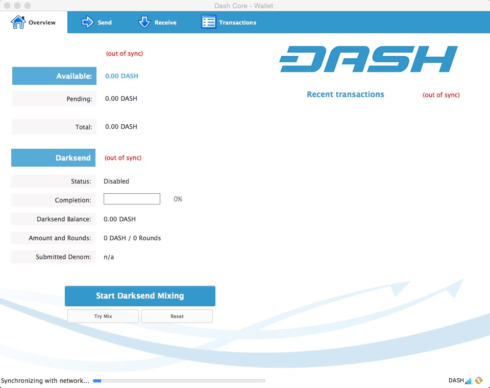 Dash Core 0.1 : Main Window