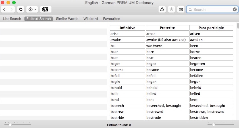 PONS Dictionary Library 8.6 : Irregular Verbs Window