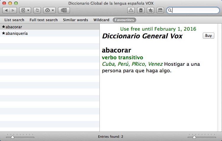VOX Spanish Dictionaries 8.6 : Favorites Window
