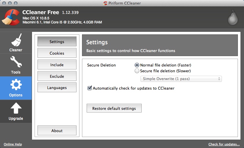 CCleaner 1.1 : Preferences Window