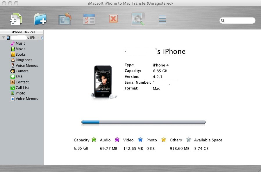 iMacsoft iPhone to Mac Transfer 2.7 : Main window