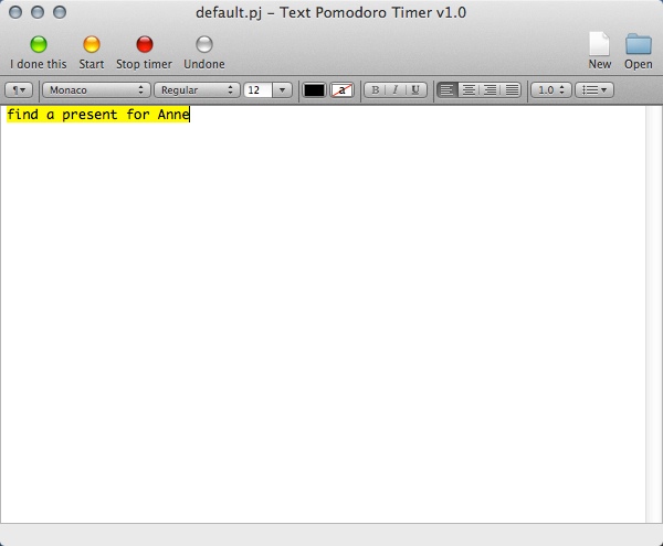 Text Pomodoro Timer 1.0 : Main Window